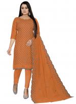 Chanderi Cotton Orange Casual Wear Embroidery Work Churidar Suit